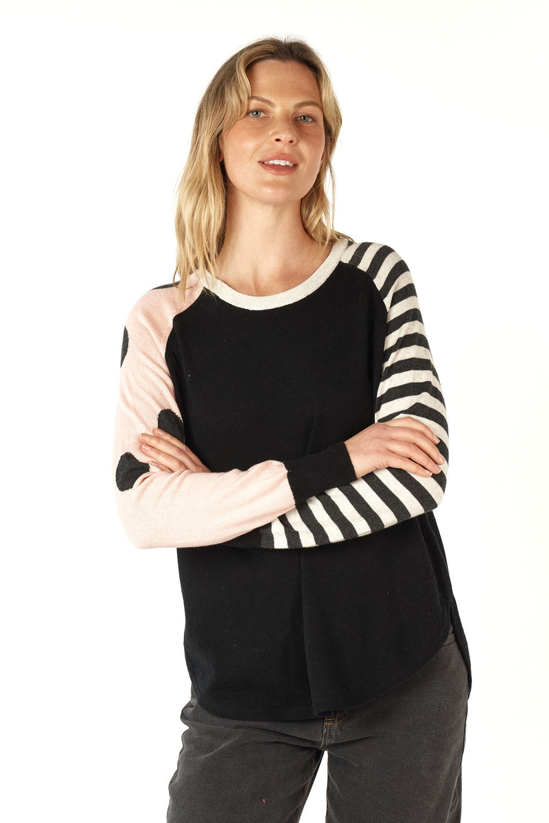 Zaket & Plover Spot + Stripe Crew Neck Jumper in Black