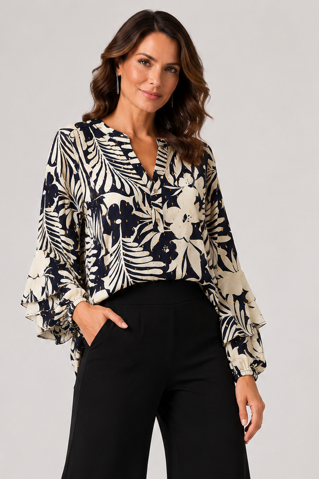 Kleio Flounce Top in Black Vanilla Gold Foil