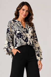 Kleio Flounce Top in Black Vanilla Gold Foil