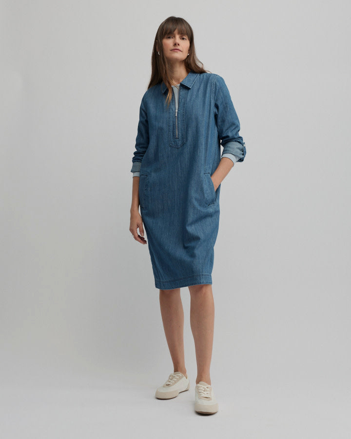 Yarra Trail Citrine Zip Dress in Chambray Denim