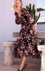 Sacha Drake Dawn Peach Wrap Dress in Black Pink Floral