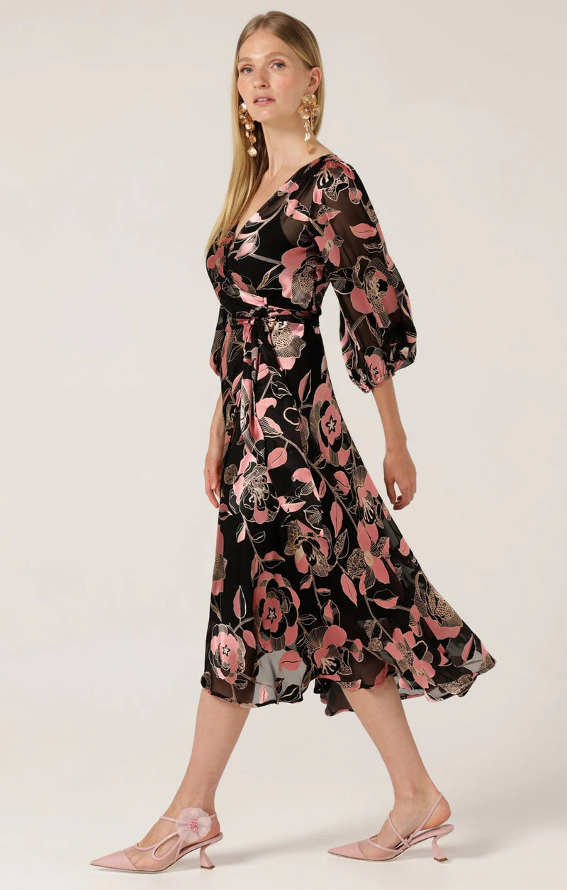 Sacha Drake Dawn Peach Wrap Dress in Black Pink Floral