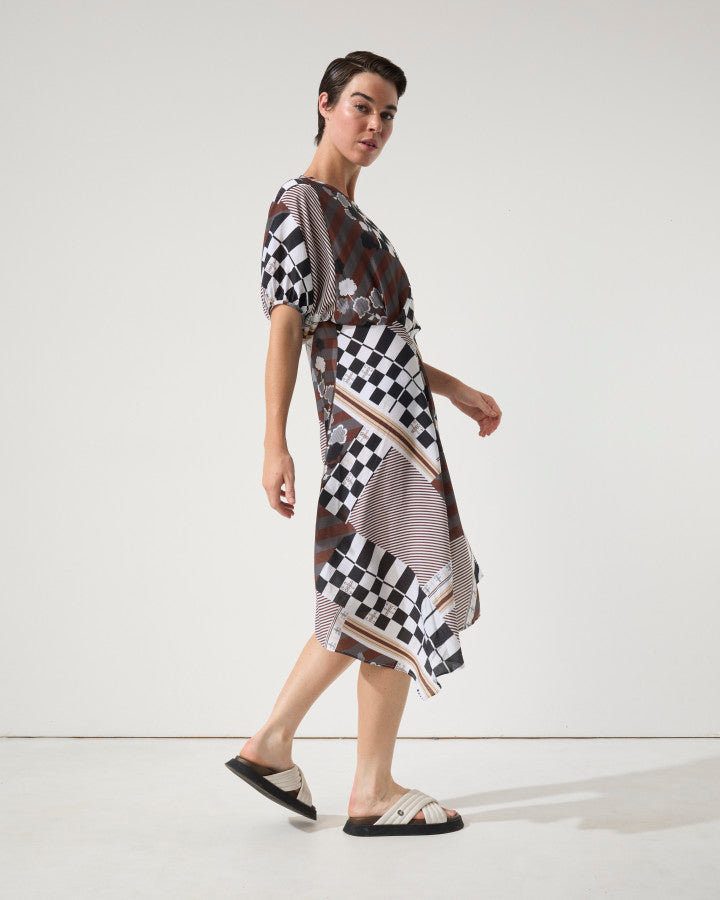 Marco Polo Draped Collage Dress in Chocolate