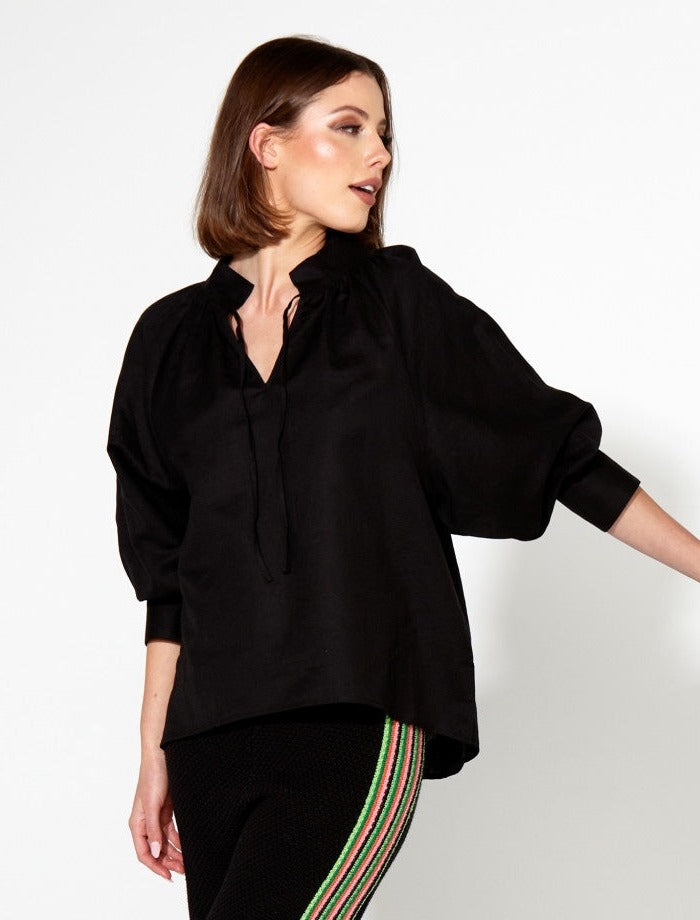 Fate & Becker Heritage Linen Batwing Blouse in Black