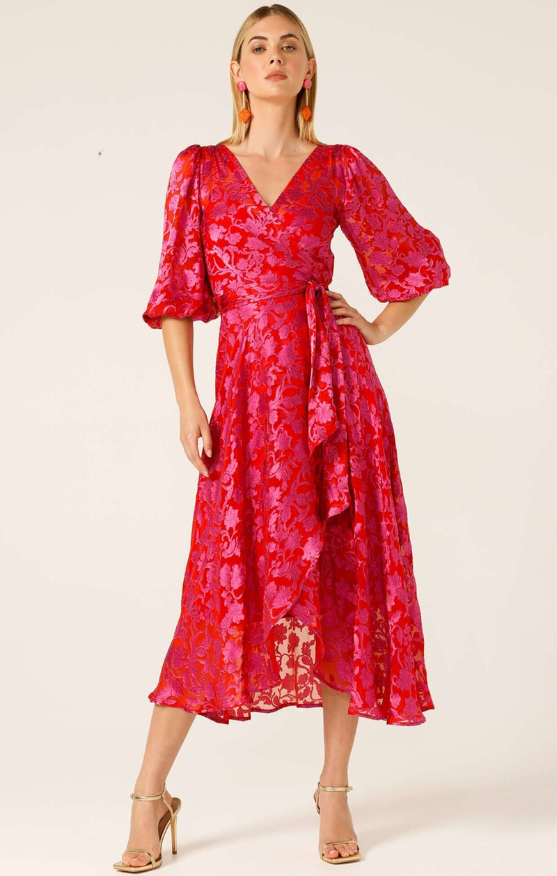 Sacha Drake Lily Fire Wrap Dress in Pink Red Floral
