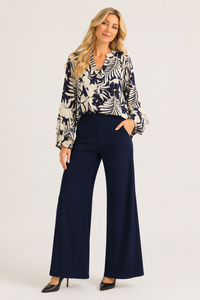 Kleio Flounce Top in Navy Vanilla Gold Foil