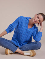 Marco Polo Open Collar Cable Sweater in Blue Quartz