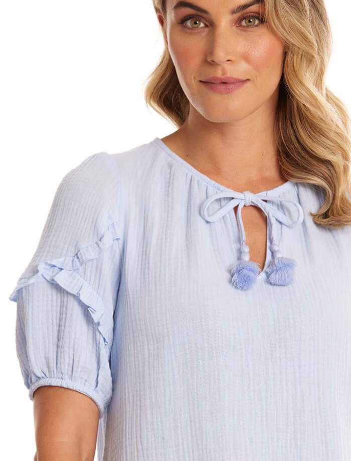 Marco Polo Ruffle Crinkle Cotton Top in Ice Blue 44554