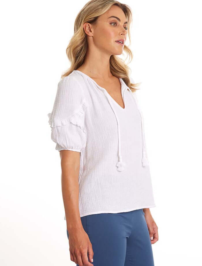 Marco Polo Ruffle Crinkle Cotton Top in White 44554
