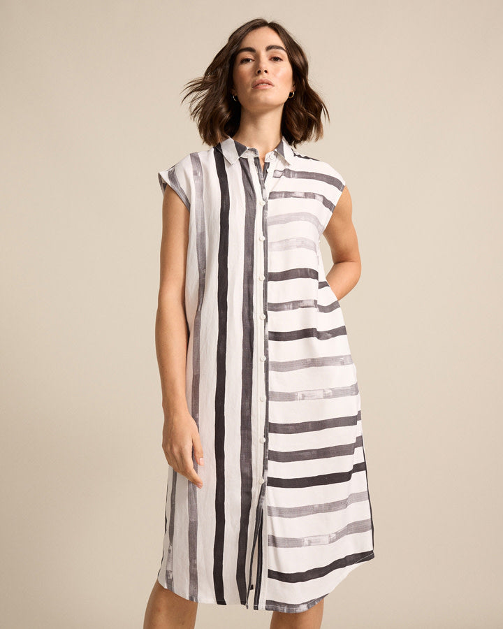 Marco Polo Brushed Stripe Dress in White Grey Combo