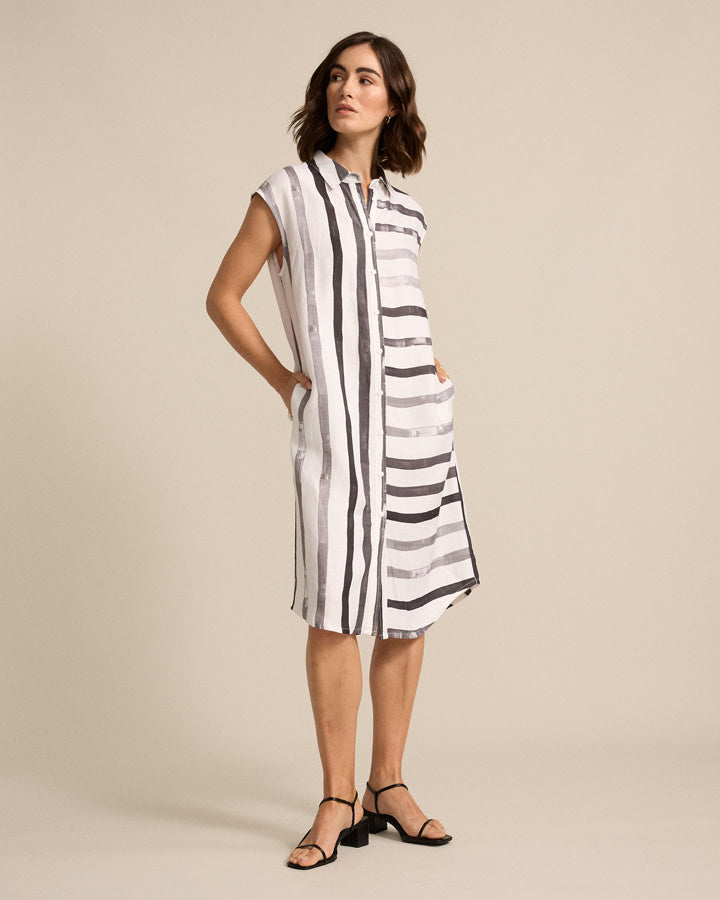 Marco Polo Brushed Stripe Dress in White Grey Combo