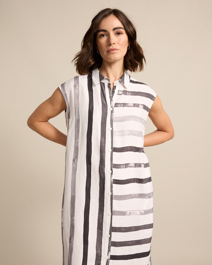 Marco Polo Brushed Stripe Dress in White Grey Combo