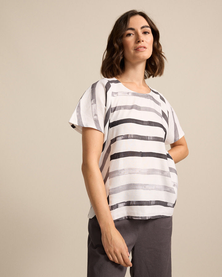 Marco Polo Brushed Stripe Top in White Grey Combo