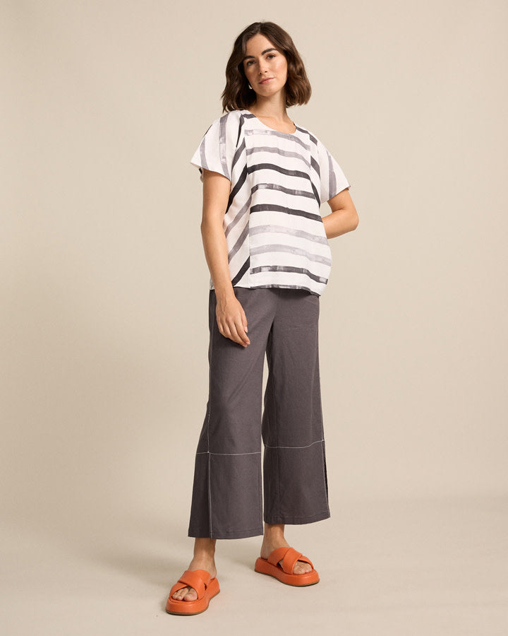 Marco Polo Brushed Stripe Top in White Grey Combo