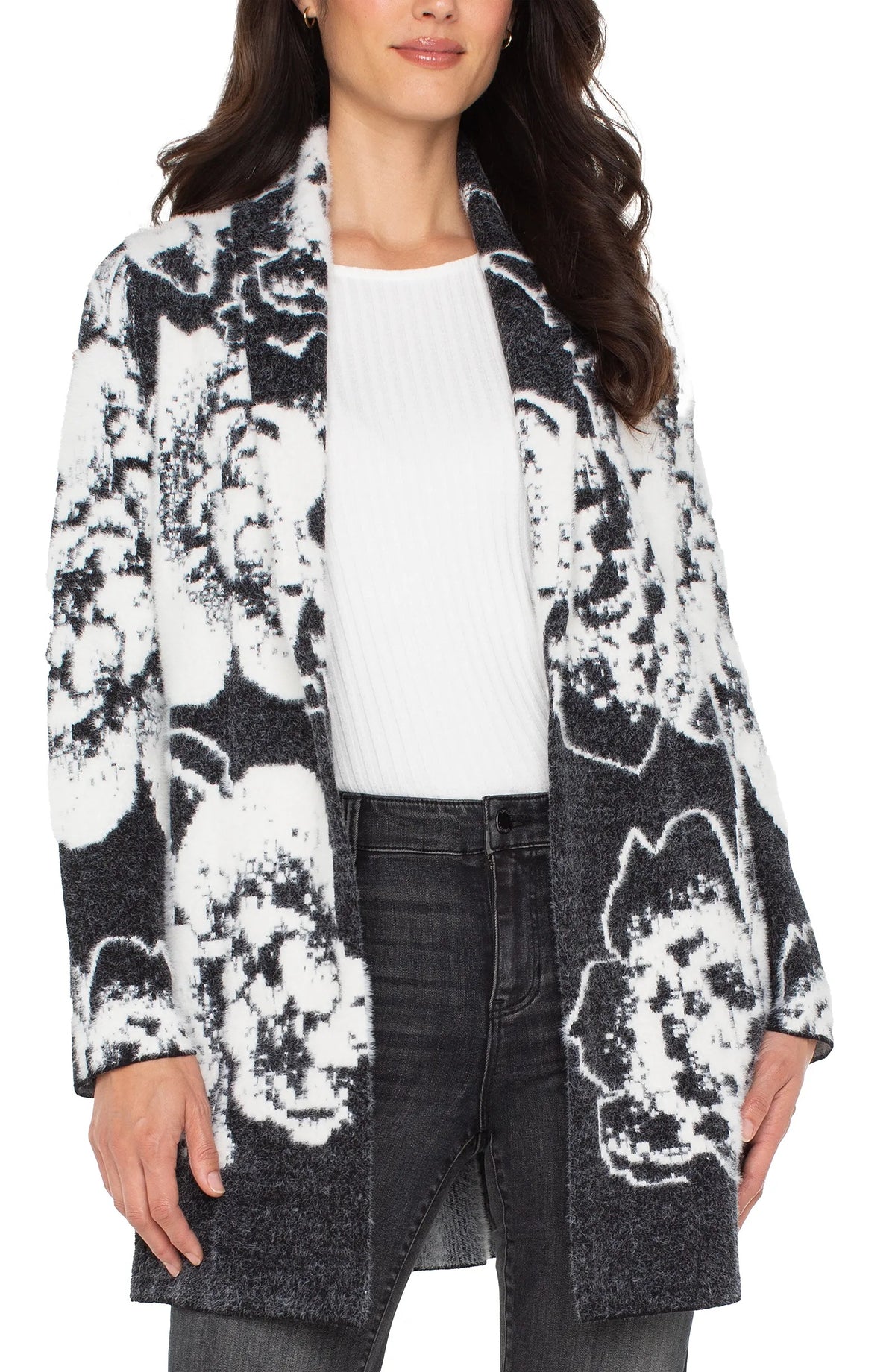 Liverpool Shawl Sweater Coat in Black White Floral