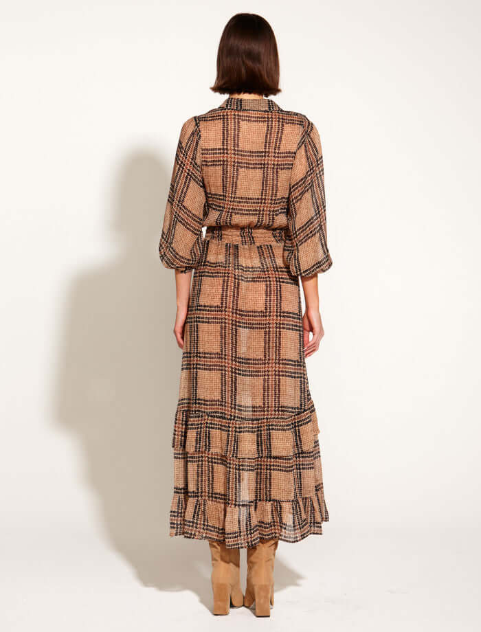 Fate & Becker Something Beautiful Midi Puff Sleeve Shirt Dress in Houndstooth Check
