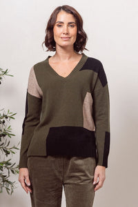 See Saw Australian Wool Patchwork Sweater in Khaki Combo