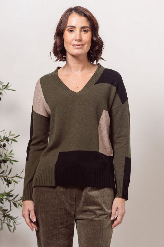 See Saw Australian Wool Patchwork Sweater in Khaki Combo