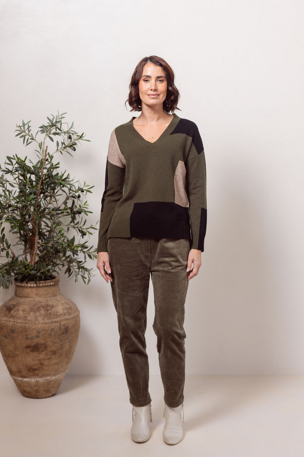 See Saw Australian Wool Patchwork Sweater in Khaki Combo