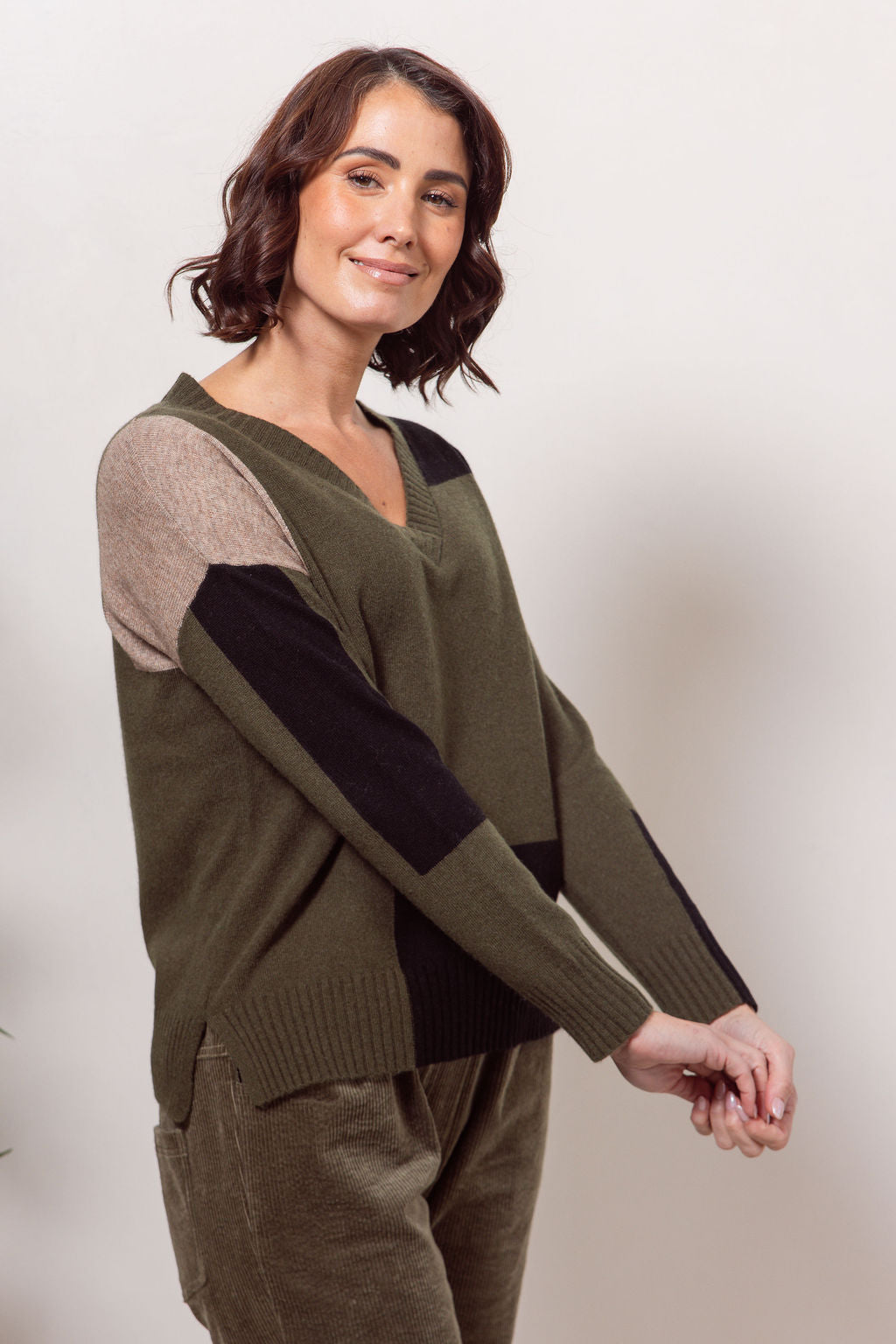 See Saw Australian Wool Patchwork Sweater in Khaki Combo