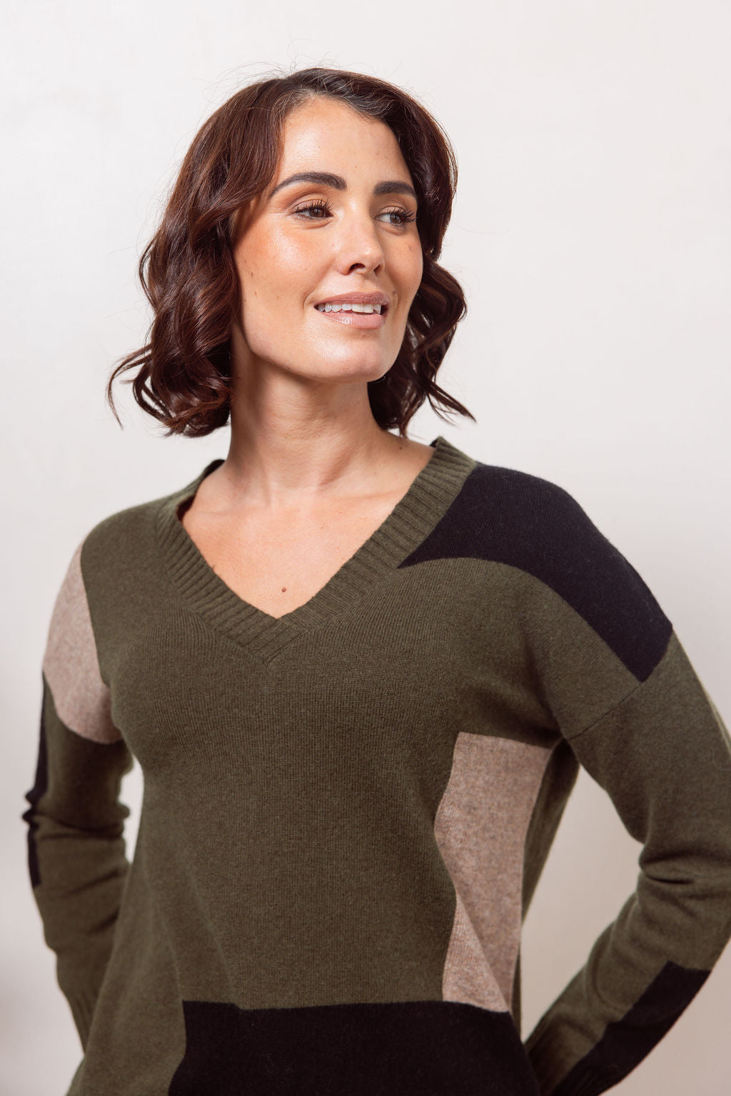 See Saw Australian Wool Patchwork Sweater in Khaki Combo