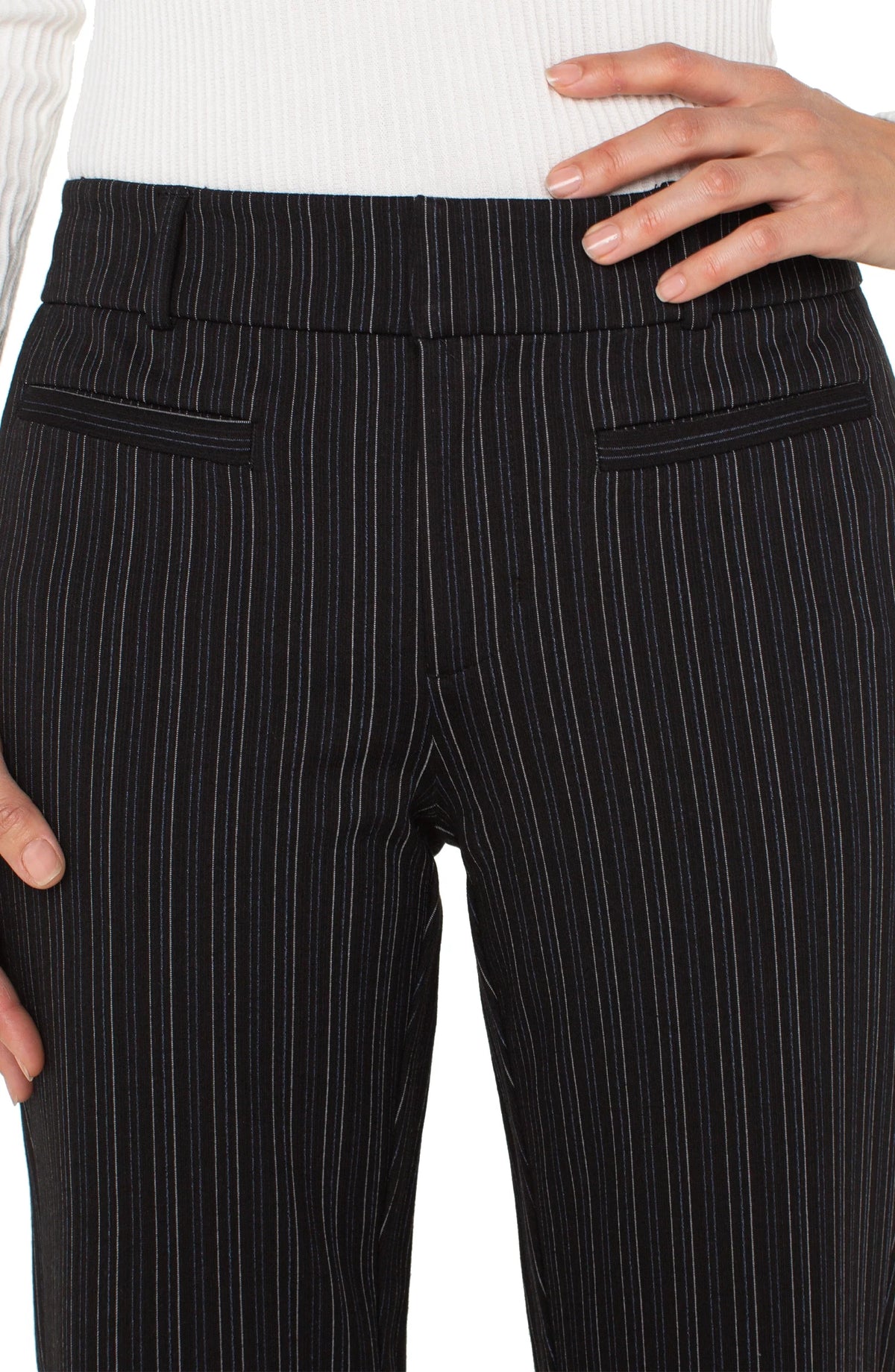 Liverpool Holly Welt Pocket Trouser 28 Inch in Black Pinstripe