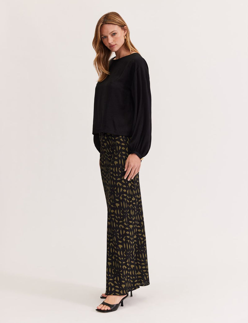 Staple the Label Zadie Bias Maxi Skirt in Black Khaki Geo