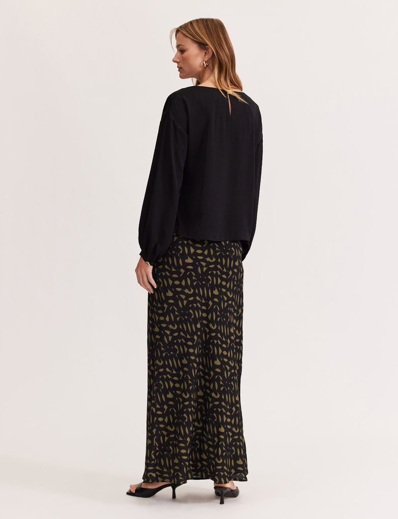 Staple the Label Zadie Bias Maxi Skirt in Black Khaki Geo