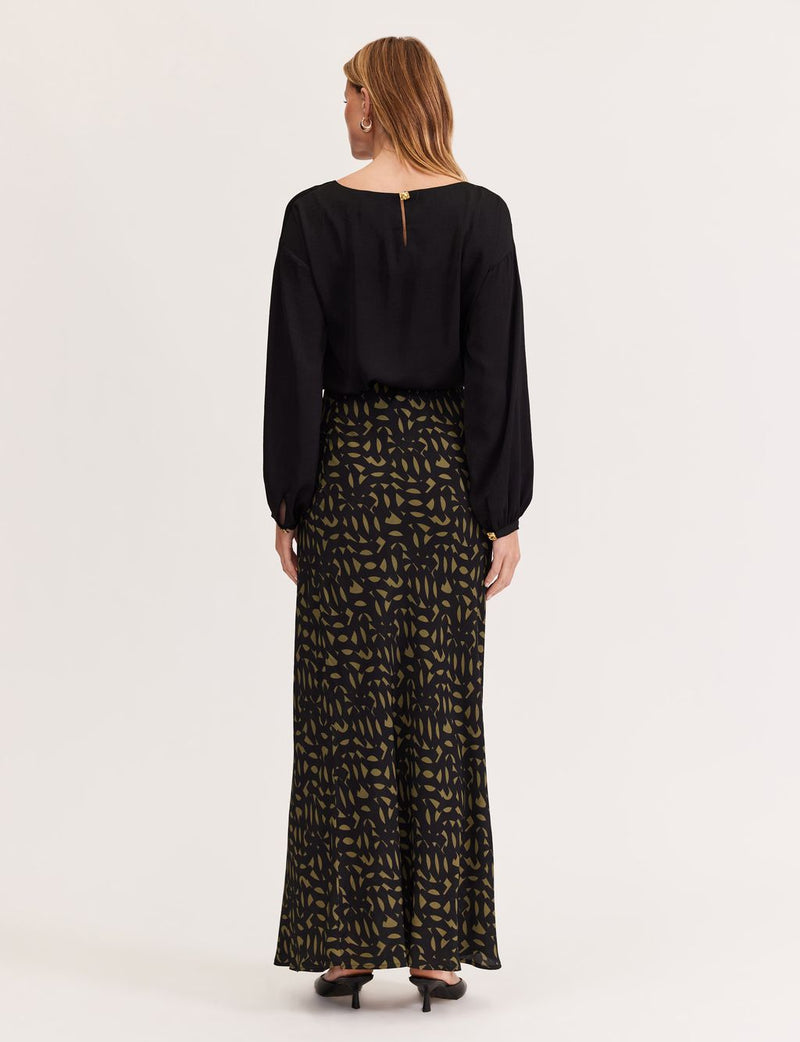 Staple the Label Zadie Bias Maxi Skirt in Black Khaki Geo