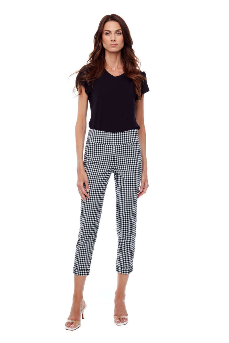 Up 24 Inch Gingham Cuffed Cropped Pant in Black White