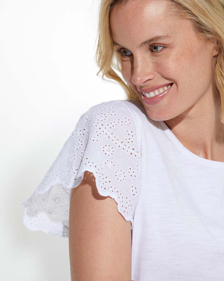 Marco Polo Lace Sleeve Tee in White 37340