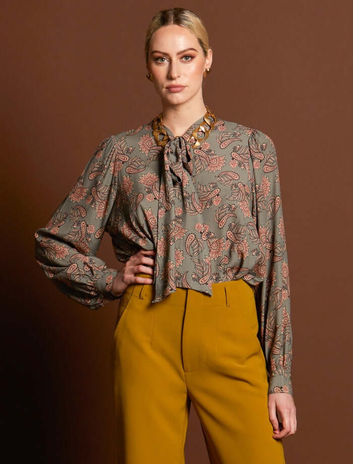Fate & Becker Everywhere Neck Tie Blouse in Vintage Paisley