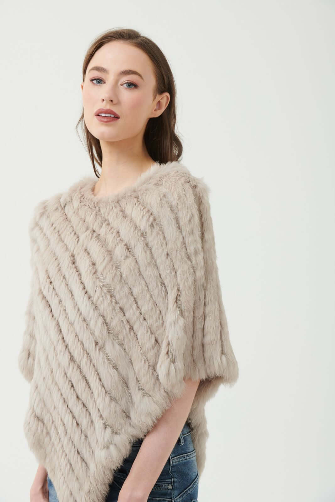 365 Days Rabbit Fur Poncho in Stone