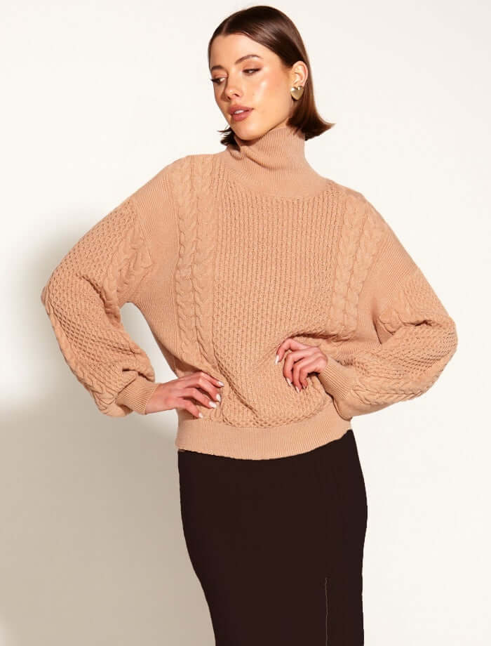 Fate & Becker Treasure Turtleneck Cable Knit in Tan